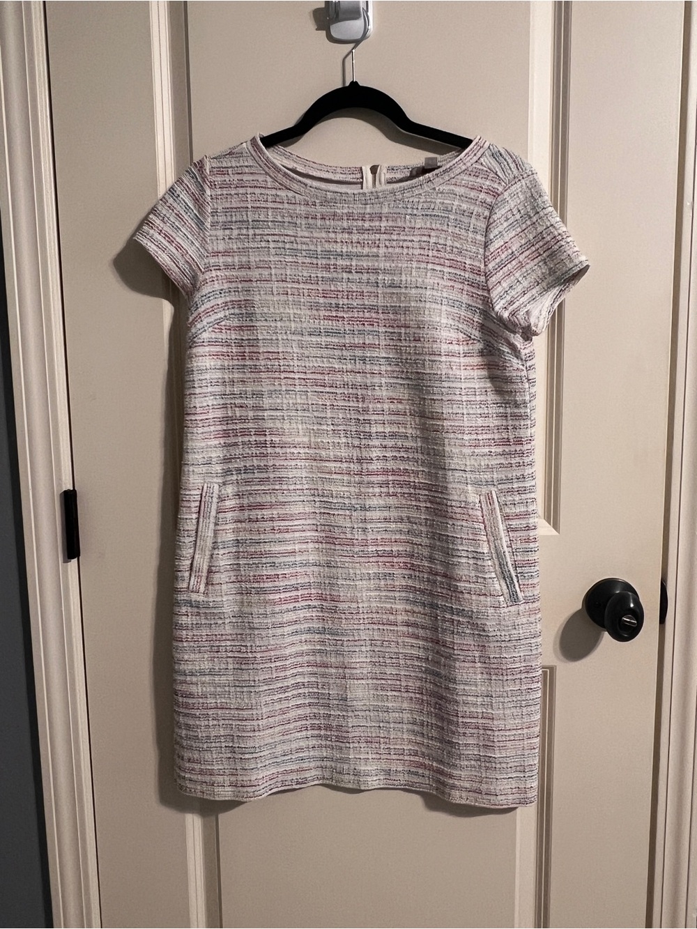 LOFT Ivory and Pink Short-Sleeve Tweed Shift Dress